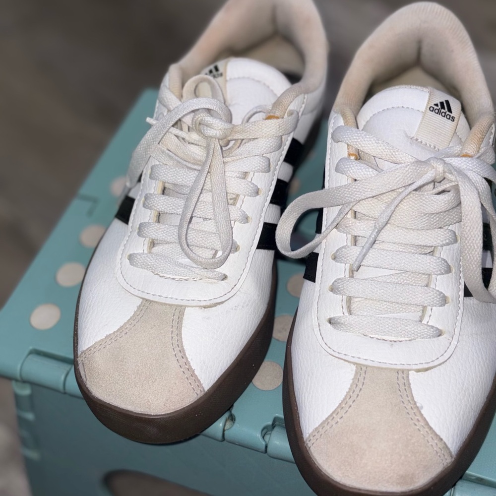 Adidas White and Beige Sneakers with Black Stripes